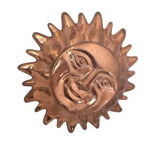 Vintage Anamorphic Sun Face Copper Metal Wall Hanging Smiling Sunshine Round